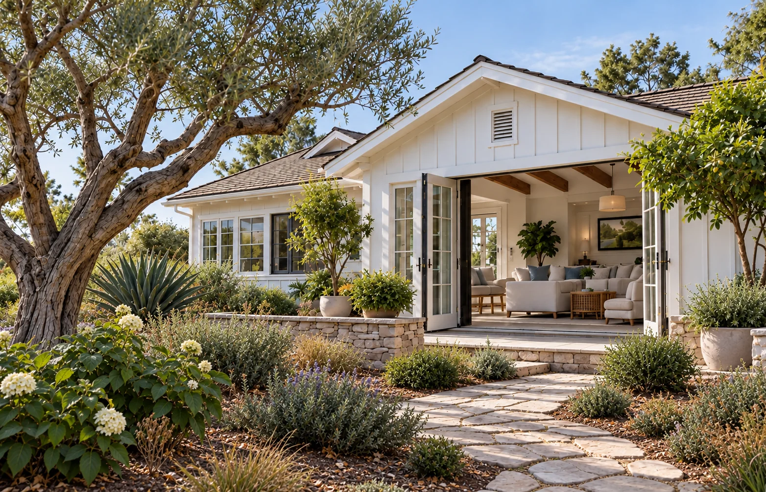 Illustrative coastal cottage with an inviting garden and open living room