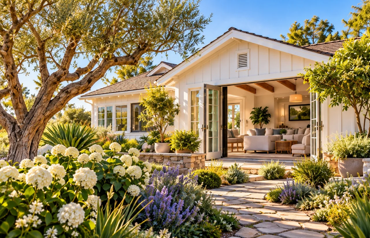 Illustrative coastal cottage with an inviting garden and open living room